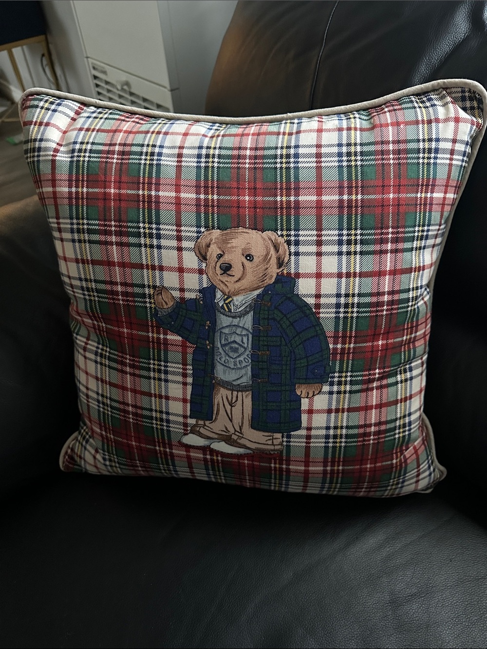 VTG Ralph Lauren Polo Bear throw pillow bear in a duffle coat red tartan plaid